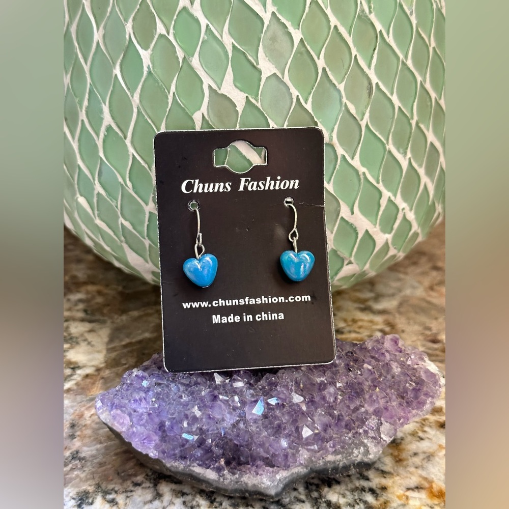 Silver Blue Heart Acrylic Bead Earrings